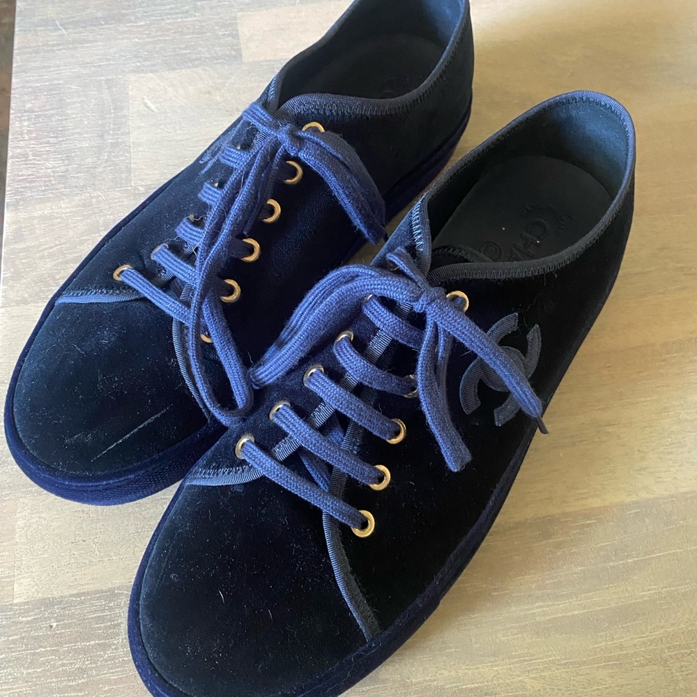 Chanel Navy Velvet Sneakers